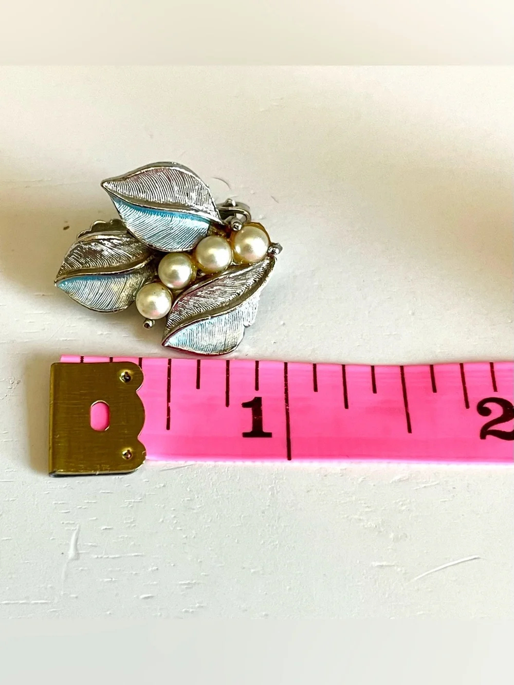 Vintage 1960s Blue Leaf Faux Pearl Cluster Clip Earrings Silver-Tone Floral MCM